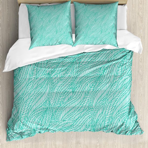 Abakuhaus Copripiumino Teal, Foglie Astratte Doodle, Antiacaro, Adatto A Chi Soffre Di Allergie, Con Federe, 200 Cm X 200 Cm - 80 X 80 Cm, Verde-image