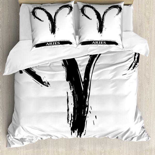 Abakuhaus Copripiumino Astrologia, Segno Zodiacale Ariete, Antiacaro, Adatto A Chi Soffre Di Allergie, Con Federe, 155 Cm X 220 Cm - 80 X 80 Cm, Bianco E Nero-image