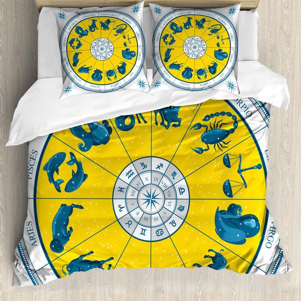 Abakuhaus Copripiumino Astrologia, Panoramica Zodiaco Natalizio, Antiacaro, Adatto A Chi Soffre Di Allergie, Con Federe, 200 Cm X 200 Cm - 80 X 80 Cm, Giallo/Blu-image