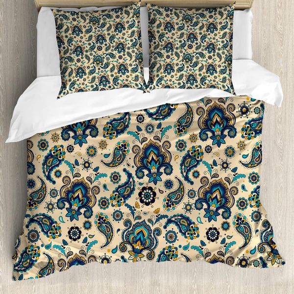 Abakuhaus Copripiumino Paisley, Fiori Colorati Vintage, Antiacaro, Adatto A Chi Soffre Di Allergie, Con Federe, 200 Cm X 200 Cm - 80 X 80 Cm, Giallo-Blu-Crema-image