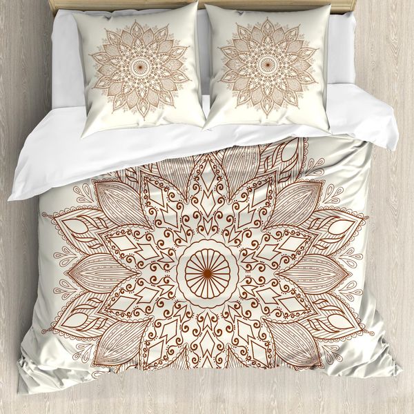 Abakuhaus Set Copripiumino Retrò Per Letti Matrimoniali, Pizzo Etnico Con Motivi Floreali Tribali, Antiacaro E Anallergico, Con Federe, Marrone Avorio-image