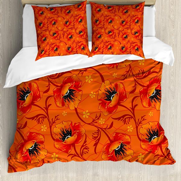 Abakuhaus Copripiumino Arancione, Romantico Con Fiori Di Papavero, Antiacaro, Adatto A Chi Soffre Di Allergie, Con Federe, 155 Cm X 220 Cm - 80 X 80 Cm, Giallo Arancio Bruciato-image