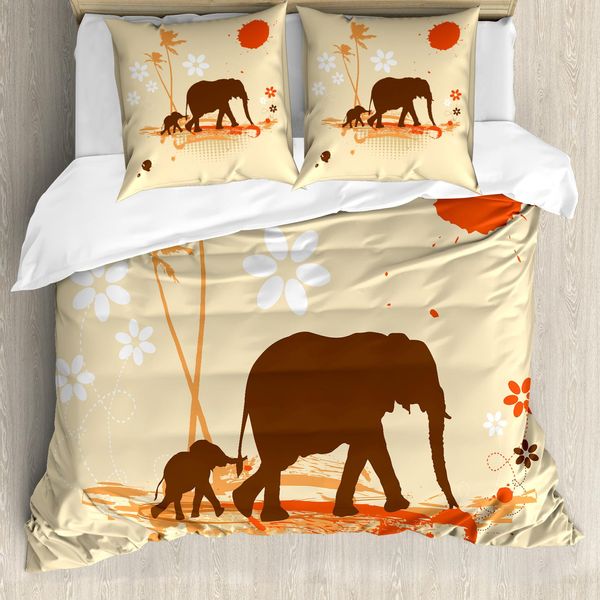 Abakuhaus Copripiumino Elefante, Safari Tropical Lands, Antiacaro, Adatto A Chi Soffre Di Allergie, Con Federe, 200 Cm X 200 Cm - 80 X 80 Cm, Arancione Marrone Crema-image