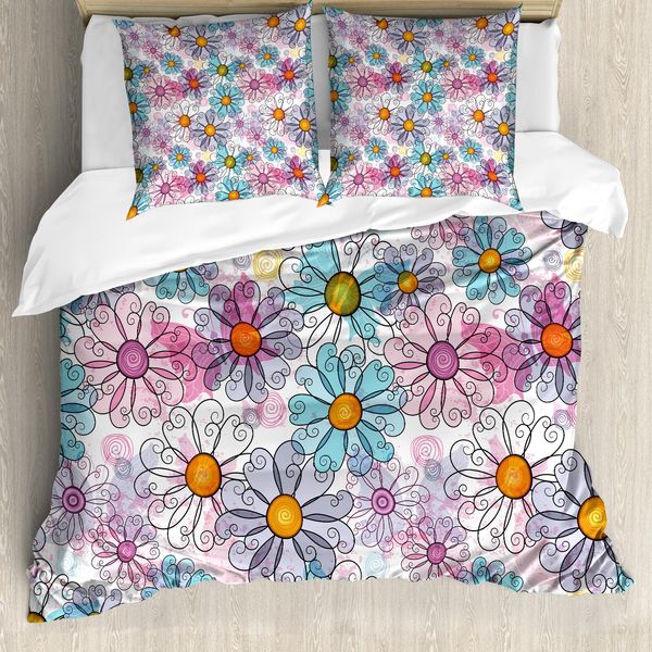 Abakuhaus Copripiumino Con Motivi Floreali, Stile Retrò Primaverile Grunge, Antiacaro E Anallergico, Con Federe, 200 Cm X 200 Cm - 80 X 80 Cm, Multicolore-image
