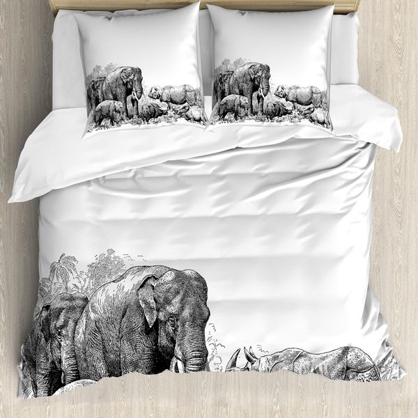 Abakuhaus Copripiumino Elefante, Elefanti, Antiacaro, Adatto A Chi Soffre Di Allergie, Con Federe, 200 Cm X 200 Cm - 80 X 80 Cm, Bianco E Nero-image