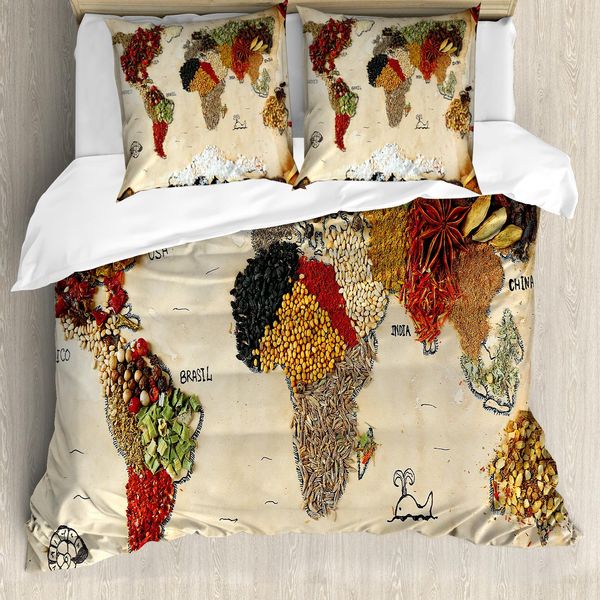 Abakuhaus Copripiumino Con Mappa Del Mondo, Boho Lebensmittel, Antiacaro, Adatto A Chi Soffre Di Allergie, Con Federe, 155 Cm X 220 Cm - 80 X 80 Cm, Multicolore-image