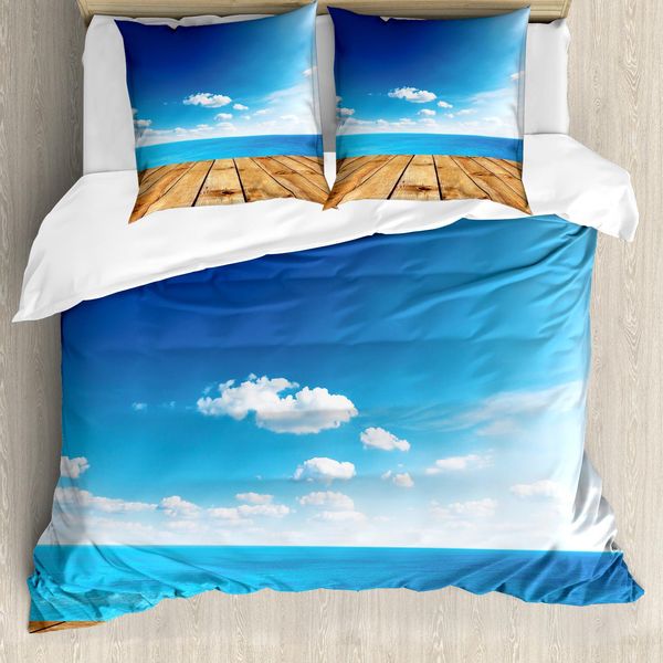 Abakuhaus Copripiumino Paesaggio, Seascape Nuvoloso Spiaggia, Antiacaro, Adatto A Chi Soffre Di Allergie, Con Federe, 155 Cm X 220 Cm - 80 X 80 Cm, Blu, Bianco, Marrone-image