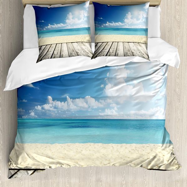 Abakuhaus Copripiumino Landscape, Acqua Dell'oceano Esotico, Antiacaro, Adatto A Chi Soffre Di Allergie, Con Federe, 200 Cm X 200 Cm - 80 X 80 Cm, Crema Turchese Bianco-image