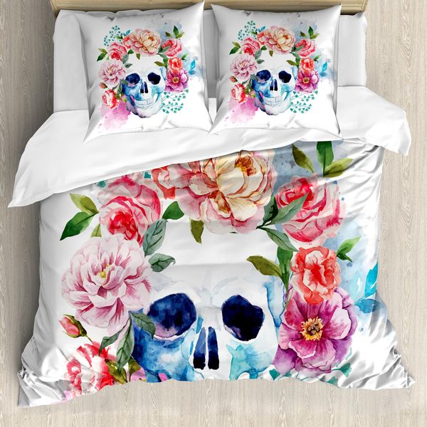 Abakuhaus Copripiumino SchäDel, Colorato Con Scheletro Floreale, Antiacaro, Adatto A Chi Soffre Di Allergie, Con Federe, 155 Cm X 220 Cm - 80 X 80 Cm, Multicolore-image