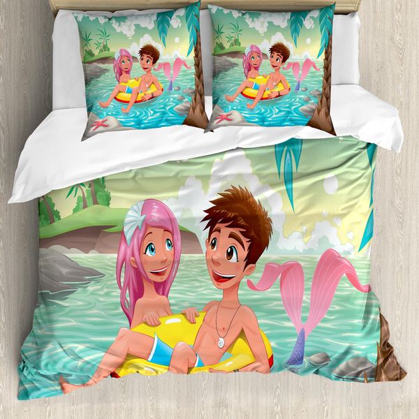 Abakuhaus Copripiumino Sirena, Cartoon Tropical Love, Antiacaro, Adatto A Chi Soffre Di Allergie, Con Federe, 155 Cm X 220 Cm - 80 X 80 Cm, Multicolore-image