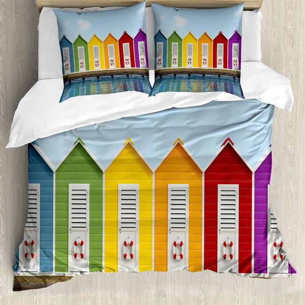 Abakuhaus Copripiumino Paesaggio, Cabine Colorate Sea, Antiacaro Adatto A Chi Soffre Di Allergie Con Federe, 200 Cm X 200 Cm - 80 X 80 Cm, Multicolore-image