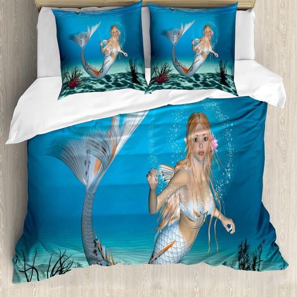 Abakuhaus Set Copripiumino Sirena Per Letti Matrimoniali, Oceano Tropicale Da Favola, Antiacaro Adatto A Chi Soffre Di Allergie Con Federe, Blu Oceano Navy-image