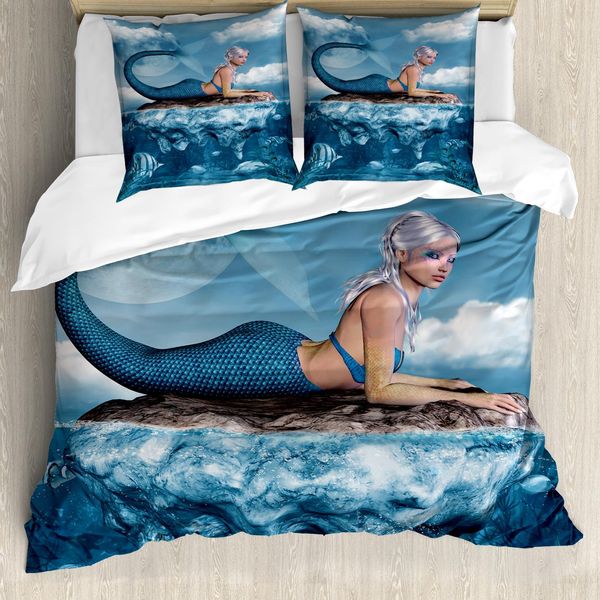 Abakuhaus Copripiumino Sirena, Grafica Mythical Sea, Antiacaro E Anallergico, Con Federe, 200 Cm X 200 Cm - 80 X 80 Cm, Blu Navy E Bianco-image