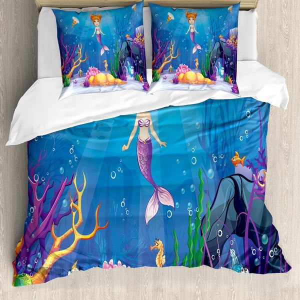 Abakuhaus Copripiumino Sirena, Cartoon Mermaid Fish, Antiacaro, Adatto A Chi Soffre Di Allergie, Con Federe, 200 Cm X 200 Cm - 80 X 80 Cm, Multicolore-image