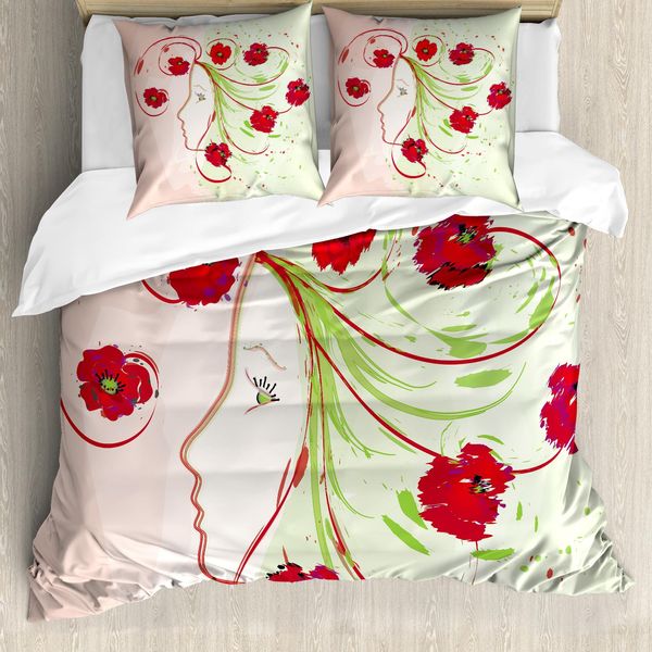 Abakuhaus Copripiumino Con Fiori Acquerellati, Papaveri Acquerellati, Antiacaro, Adatto A Chi Soffre Di Allergie, Con Federe, 155 Cm X 220 Cm - 80 X 80 Cm, Verde Rosso-image