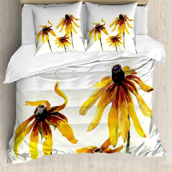 Abakuhaus Copripiumino Con Fiori Acquerellati, Giardino Di Margherite, Antiacaro, Adatto A Chi Soffre Di Allergie, Con Federe, 155 Cm X 220 Cm - 80 X 80 Cm, Giallo E Bianco-image