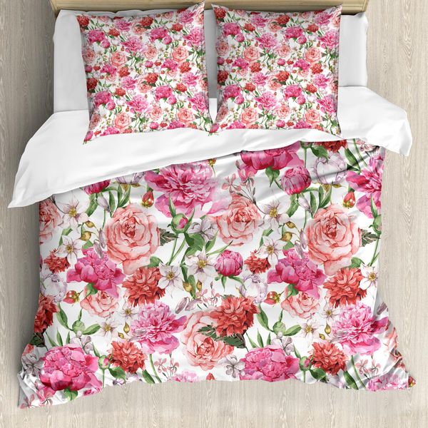 Abakuhaus Copripiumino Con Fiori Acquerellati, Peonie E Rose, Antiacaro, Adatto A Chi Soffre Di Allergie, Con Federe, 200 Cm X 200 Cm - 80 X 80 Cm, Rosa, Rosso, Bianco-image