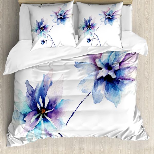Abakuhaus Copripiumino Con Motivi Floreali Acquerellati, Fiori Retrò, Antiacaro, Adatto A Chi Soffre Di Allergie, Con Federe, 155 Cm X 220 Cm - 80 X 80 Cm, Bianco, Viola, Blu-image