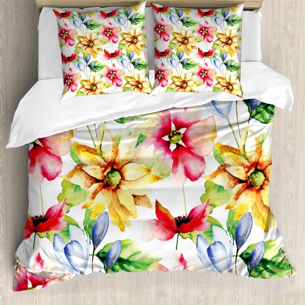 Abakuhaus Copripiumino Con Motivi Floreali Acquerellati, Grafica Country, Antiacaro, Adatto A Chi Soffre Di Allergie, Con Federe, 155 Cm X 220 Cm - 80 X 80 Cm, Multicolore-image