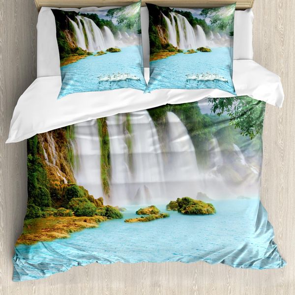 Abakuhaus Copripiumino Waterfall, Lago E Cigni Natura, Antiacaro, Adatto A Chi Soffre Di Allergie, Con Federe, 200 Cm X 200 Cm - 80 X 80 Cm, Blu, Verde, Bianco-image