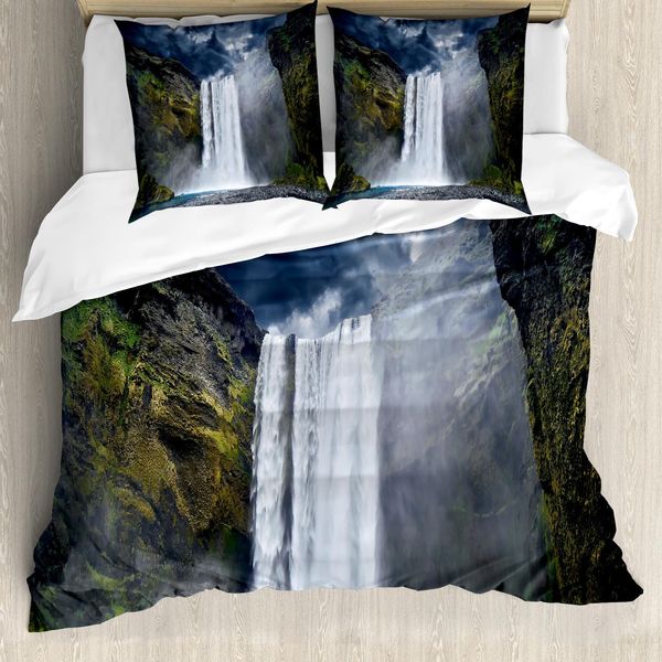 Abakuhaus Copripiumino Waterfall, America Cliffs Scene, Antiacaro E Anallergico, Con Federe, 155 Cm X 220 Cm - 80 X 80 Cm, Verde, Blu, Bianco-image