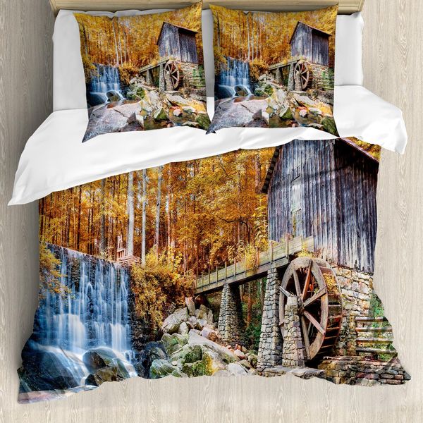 Abakuhaus Copripiumino Waterfall, Mulino Storico Autunnale, Antiacaro, Adatto A Chi Soffre Di Allergie, Con Federe, 200 Cm X 200 Cm - 80 X 80 Cm, Giallo Marrone-image