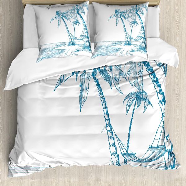 Abakuhaus Copripiumino Spiaggia, Palme Sulla Spiaggia, Antiacaro, Adatto A Chi Soffre Di Allergie, Con Federe, 200 Cm X 200 Cm - 80 X 80 Cm, Blu E Bianco-image