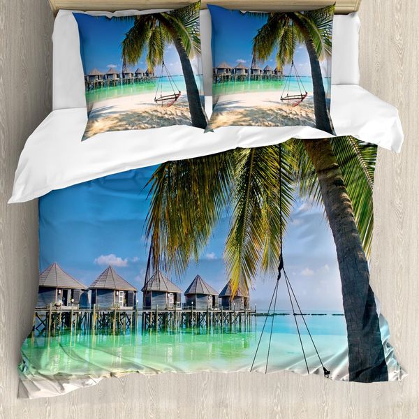 Set Copripiumino Da Spiaggia Abakuhaus Per Letti Matrimoniali, Costa Tropicale Caraibica, Antiacaro, Adatto A Chi Soffre Di Allergie, Con Federe, Multicolore-image