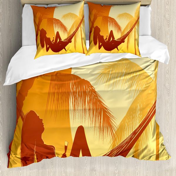 Abakuhaus Set Copripiumino Tropicale Per Letti Matrimoniali, Maestosa Vista Del Tramonto, Antiacaro, Adatto A Chi Soffre Di Allergie, Con Federe, Arancione-image