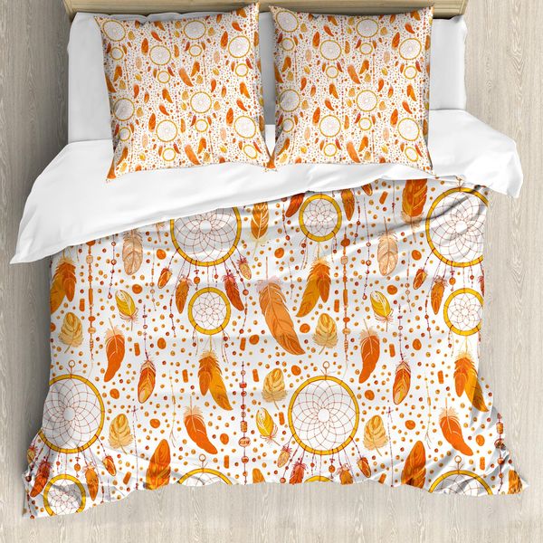 Abakuhaus Copripiumino Tribale, Acchiappasogni, Antiacaro, Adatto A Chi Soffre Di Allergie, Con Federe, 155 Cm X 220 Cm - 80 X 80 Cm, Arancione E Bianco-image