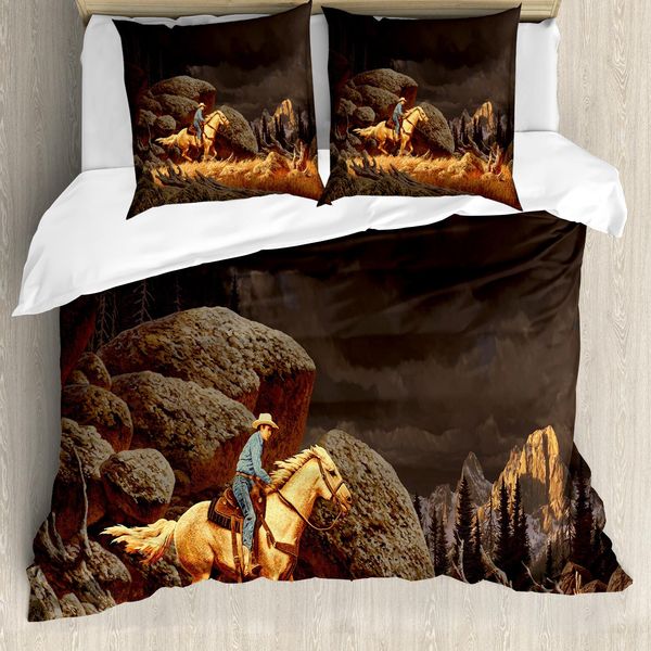 Abakuhaus Copripiumino Western, Cavallo Da Cowboy, Antiacaro, Adatto A Chi Soffre Di Allergie, Con Federe, 200 Cm X 200 Cm - 80 X 80 Cm, Terra Giallo Grigio-image