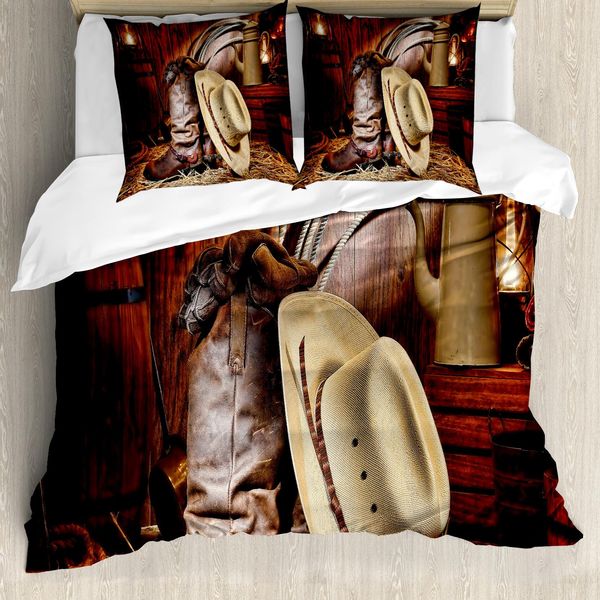 Abakuhaus Copripiumino Western, America Retro Rodeo, Antiacaro, Adatto A Chi Soffre Di Allergie, Con Federe, 155 Cm X 220 Cm - 80 X 80 Cm, Marrone Beige-image