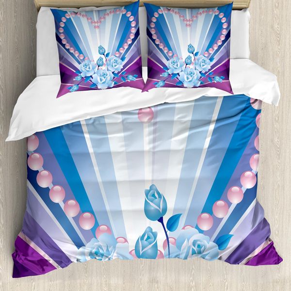 Abakuhaus Pearls Copripiumino, Valentines Roses Cuore, Antiacaro Adatto A Chi Soffre Di Allergie Con Federe, 200 Cm X 200 Cm - 80 X 80 Cm, Blu, Viola, Rosa-image