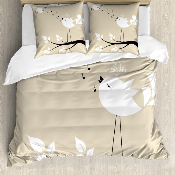 Abakuhaus Copripiumino Con Uccelli, 2 Uccelli Su Un Ramo, Antiacaro, Adatto A Chi Soffre Di Allergie, Con Federe, 200 Cm X 200 Cm - 80 X 80 Cm, Crema, Nero, Bianco-image