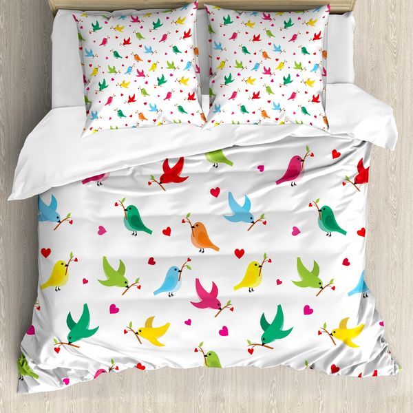Abakuhaus Copripiumino Uccelli, Rami Colorati, Antiacaro, Adatto A Chi Soffre Di Allergie, Con Federe, 155 Cm X 220 Cm - 80 X 80 Cm, Multicolore-image
