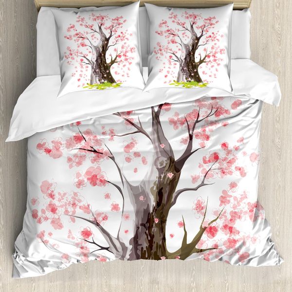 Abakuhaus Copripiumino Naturale, Blooming Sakura, Antiacaro, Adatto A Chi Soffre Di Allergie, Con Federe, 200 Cm X 200 Cm - 80 X 80 Cm, Rosa-Nero-Verde-image