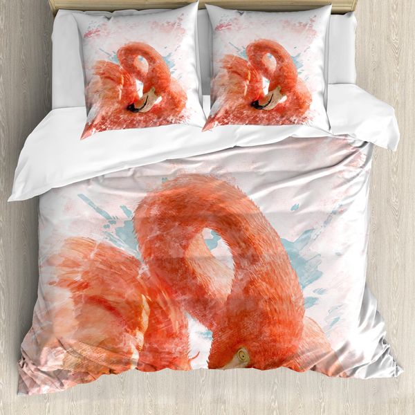 Abakuhaus Copripiumino Flamingo, Acquerello Con Uccelli Esotici, Antiacaro, Adatto A Chi Soffre Di Allergie, Con Federe, 155 Cm X 220 Cm - 80 X 80 Cm, Arancione E Bianco-image
