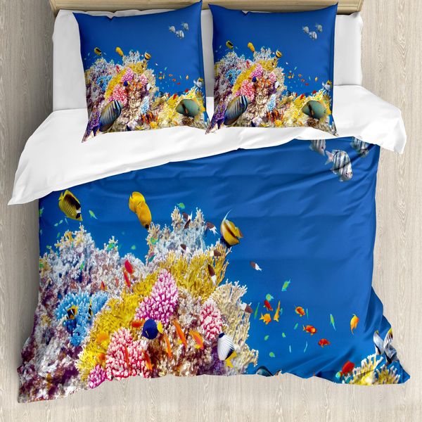 Abakuhaus Copripiumino Ocean, Pesci Corallini Tropicali, Antiacaro, Adatto A Chi Soffre Di Allergie, Con Federe, 200 Cm X 200 Cm - 80 X 80 Cm, Blu Giallo-image