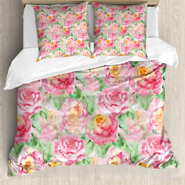 Abakuhaus Copripiumino Con Fiori Acquerellati, Morbido, Antiacaro, Adatto A Chi Soffre Di Allergie, Con Federe, 155 Cm X 220 Cm - 80 X 80 Cm, Rosa-Verde-image