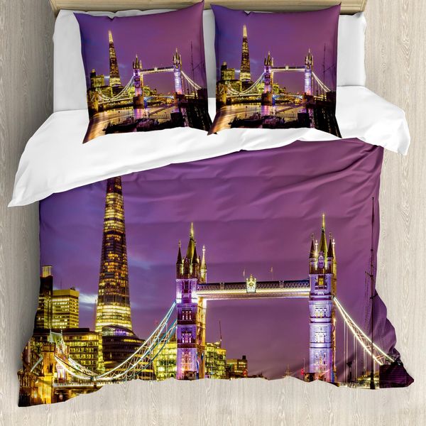 Abakuhaus London Copripiumino, Tower Bridge A Londra, Antiacaro, Adatto A Chi Soffre Di Allergie, Con Federe, 200 Cm X 200 Cm - 80 X 80 Cm, Viola, Giallo-image