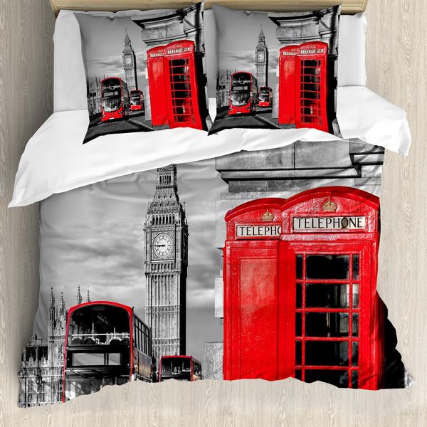 Abakuhaus London Copripiumino, Cabina Telefonica Retrò Di Londra, Antiacaro, Adatto A Chi Soffre Di Allergie, Con Federe, 200 Cm X 200 Cm - 80 X 80 Cm, Rosso Grigio-image