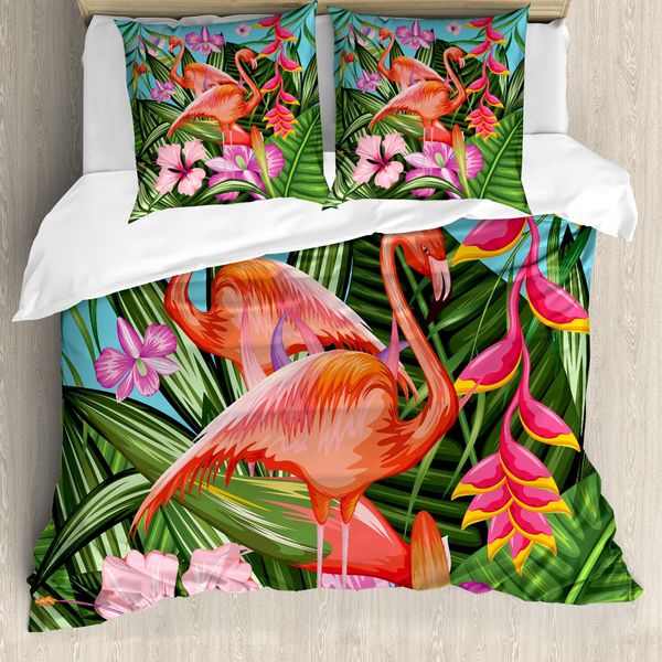 Abakuhaus Copripiumino Flamingo, Hibiscus Tropic Blume, Antiacaro, Adatto A Chi Soffre Di Allergie, Con Federe, 155 Cm X 220 Cm - 80 X 80 Cm, Verde, Rosa, Blu-image
