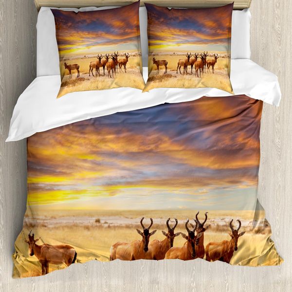 Abakuhaus Set Copripiumino Safari Per Letti Matrimoniali, Animali Tropicali Africani, Antiacaro Adatto A Chi Soffre Di Allergie Con Federe, Rosso-Marrone Dorato-image