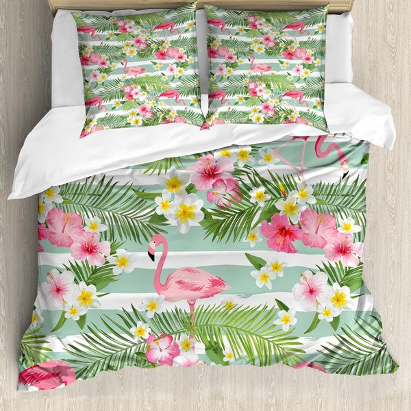 Abakuhaus Copripiumino Flamingo, Foglia Esotica Hawaiana, Antiacaro, Adatto A Chi Soffre Di Allergie, Con Federe, 200 Cm X 200 Cm - 80 X 80 Cm, Verde, Rosa, Bianco-image