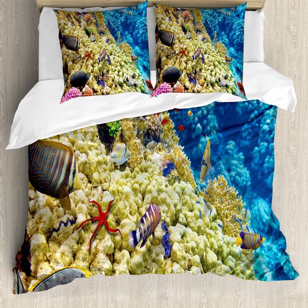 Abakuhaus Set Copripiumino Per Letti Matrimoniali, Vista Mare Esotica Naturale, Antiacaro, Adatto A Chi Soffre Di Allergie, Con Federe, Blu Beige-image