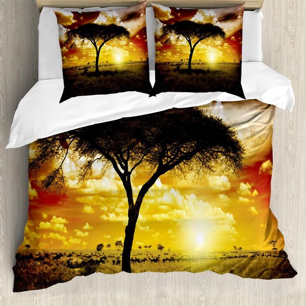 Abakuhaus Copripiumino Safari, Tramonto Con Animali Della Savana, Antiacaro, Adatto A Chi Soffre Di Allergie, Con Federe, 155 Cm X 220 Cm - 80 X 80 Cm, Verde, Rosso, Bianco-image