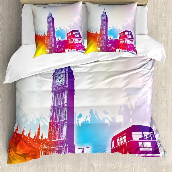 Abakuhaus London Copripiumino, Big Ben Storico Uk, Antiacaro, Adatto A Chi Soffre Di Allergie, Con Federe, 200 Cm X 200 Cm - 80 X 80 Cm, Viola, Rosso, Giallo-image
