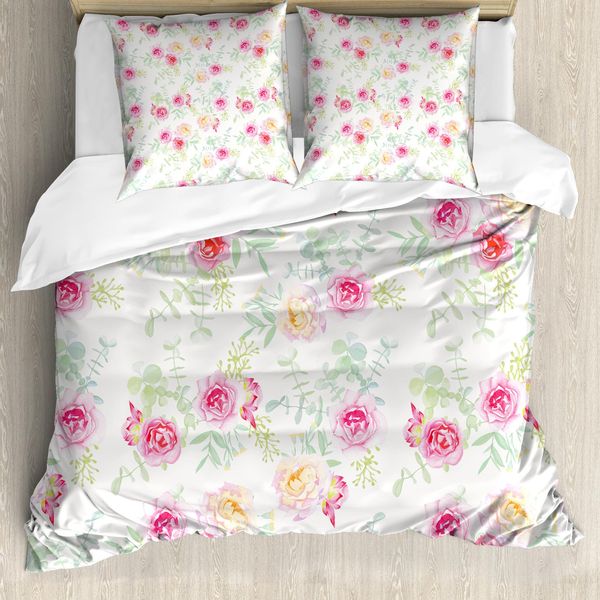 Abakuhaus Copripiumino Con Fiori Acquerellati, Dipinto Retrò, Antiacaro, Adatto A Chi Soffre Di Allergie, Con Federe, 155 Cm X 220 Cm - 80 X 80 Cm, Bianco-Rosa-Verde-image