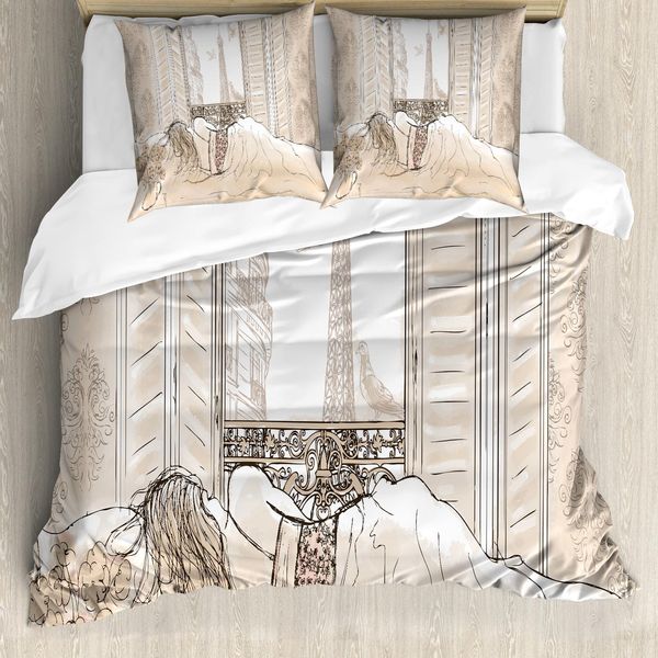 Abakuhaus Paris Copripiumino, Con Vista Sulla Torre Eiffel, Antiacaro, Adatto A Chi Soffre Di Allergie, Con Federe, 200 Cm X 200 Cm - 80 X 80 Cm, Color Crema-image