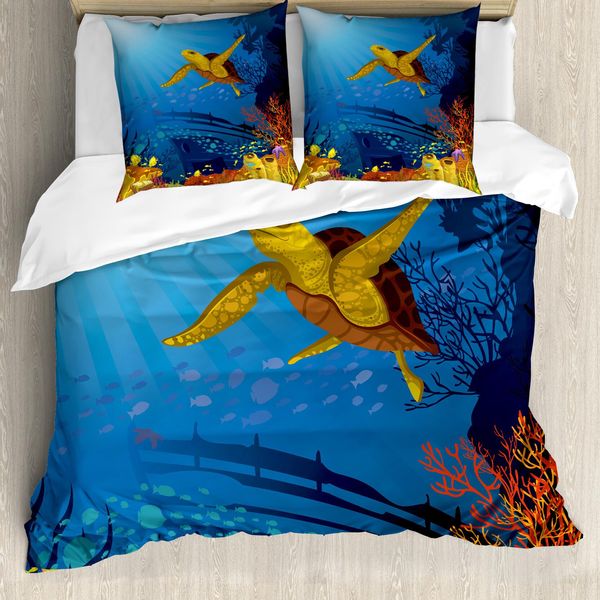 Abakuhaus Copripiumino Ocean, Barriera Corallina, Pesci E Tartaruga, Antiacaro, Adatto A Chi Soffre Di Allergie, Con Federe, 155 Cm X 220 Cm - 80 X 80 Cm, Giallo Arancione Blu Navy-image